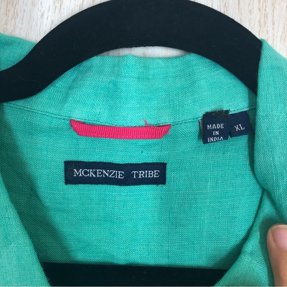 McKenzie Tribe Green Teal Linen Button Down Short Sleeve Shirt - Picture 3 of 7